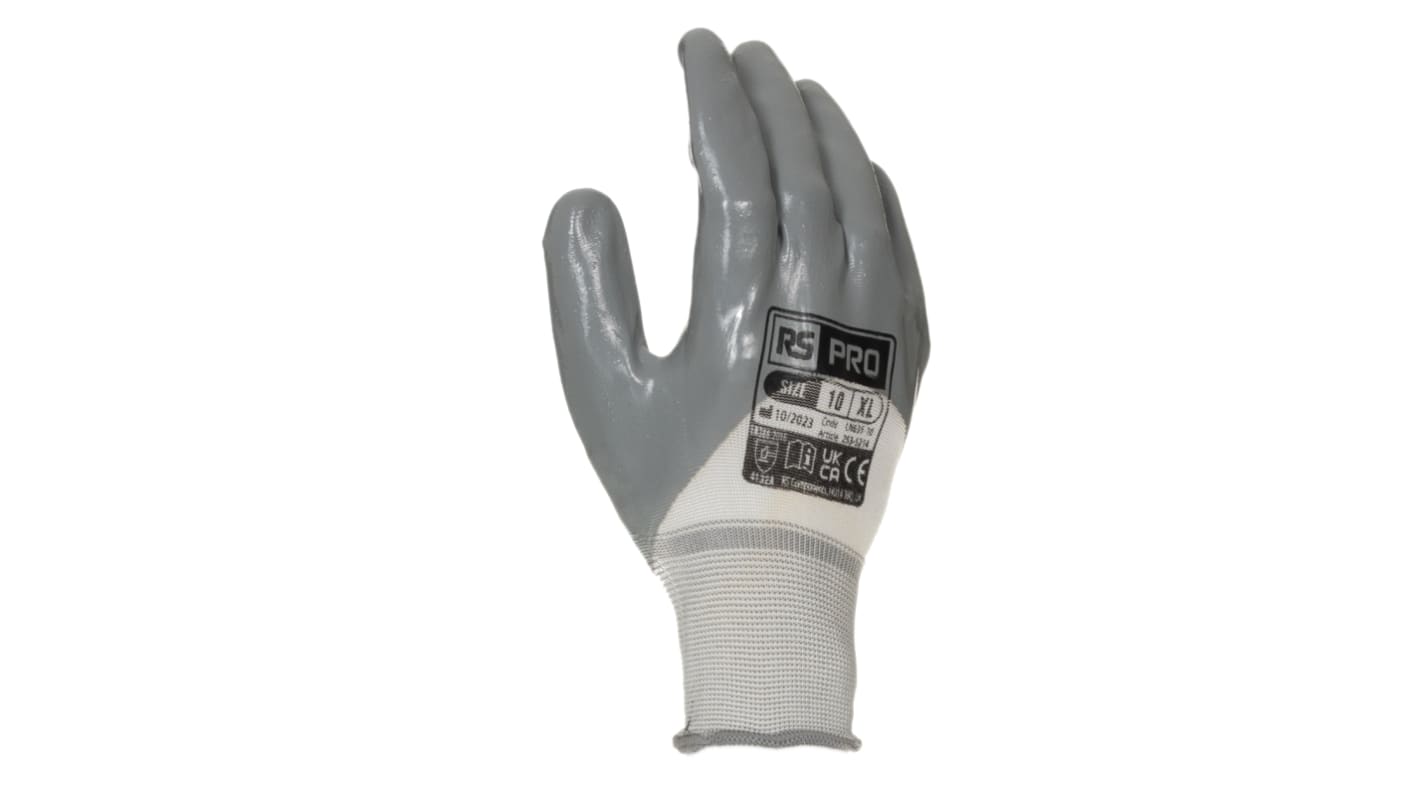 Guantes de trabajo de Nylon Gris, blanco RS PRO, talla 10, con recubrimiento de Nitrilo, Buena destreza