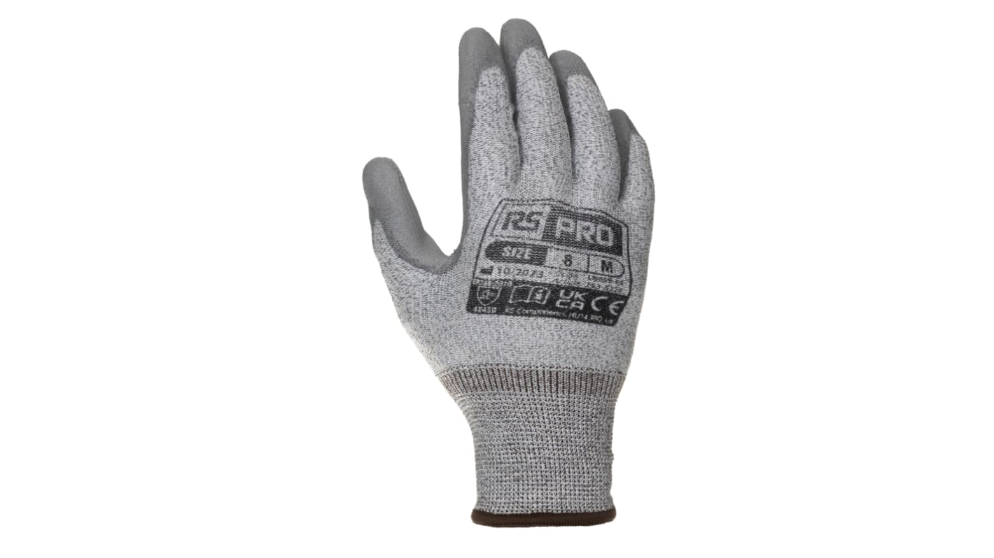 RS PRO Grey Glass Fibre, HPPE, Nylon, Spandex Cut Resistant Work Gloves, Size 8, Polyurethane Coating