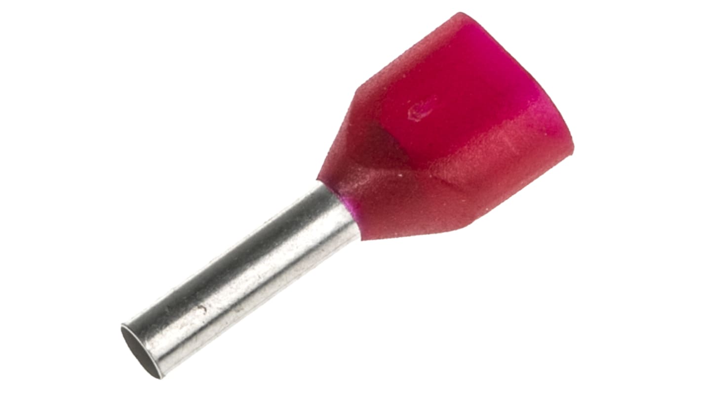 Schneider Electric, AZ5DE Insulated Crimp Bootlace Ferrule, 8mm Pin Length, 2.2mm Pin Diameter, 2 x 1mm² Wire Size, Red