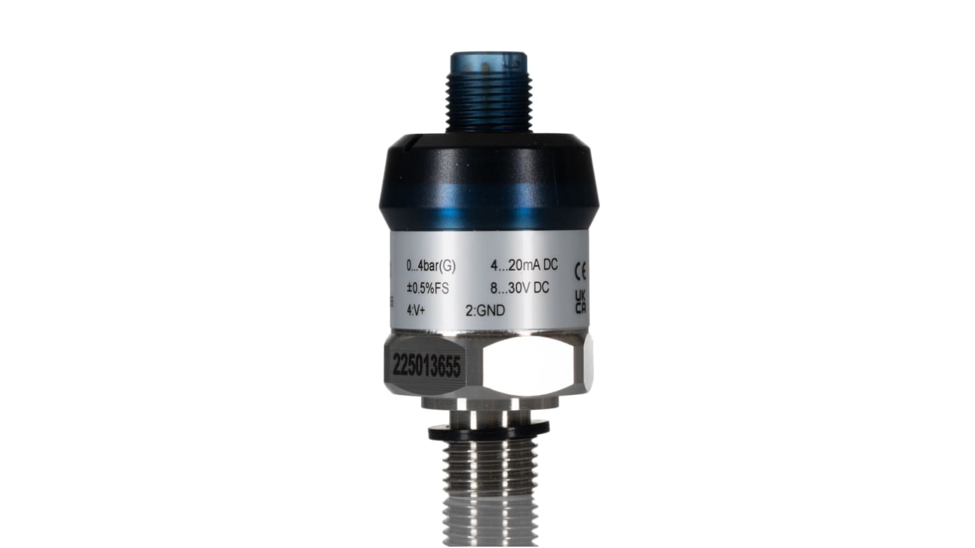 Sensor de presión manométrica RS PRO, 0bar → 4bar, G1/4B ISO 1179-2, 8 a 30 Vdc, para Aire, líquido, aceite mezclado,