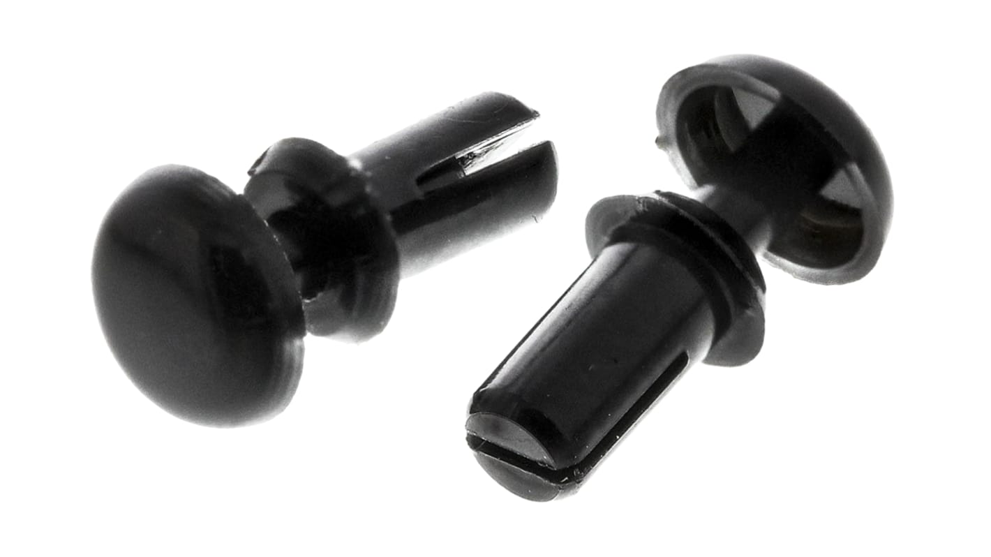 Remache a presión Essentra de nylon, Ø 2.6mm x 6.1mm, para espesor de 2.7mm → 3.6mm, color Negro