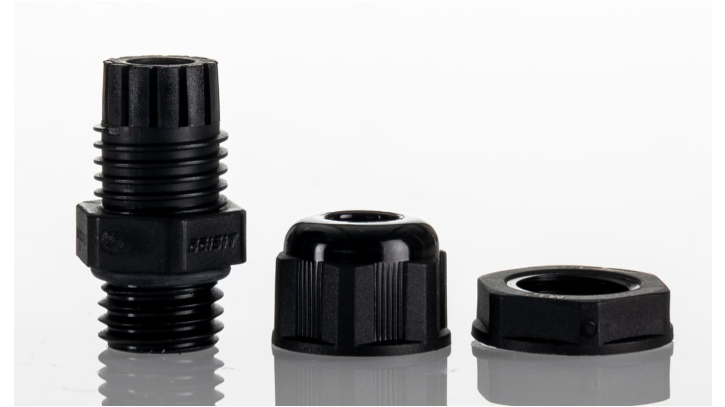 Hammond 1427NCG Series Black Nylon Cable Gland, M12 Thread, 3mm Min, 7mm Max, IP68