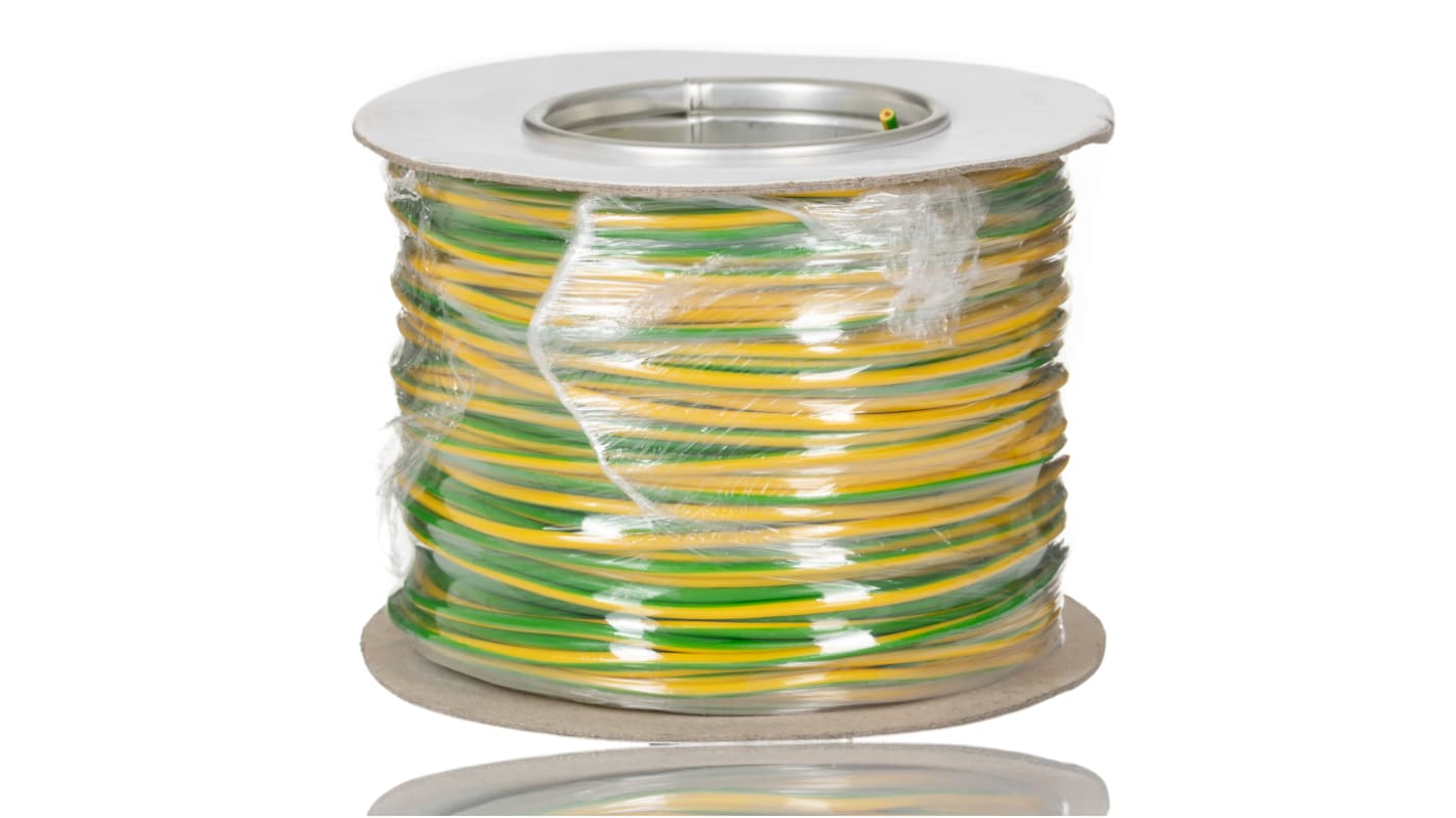 RS PRO Green/Yellow 1mm² Hook Up Wire, 18AWG, 16/0.2mm, 100m, PVC Insulation