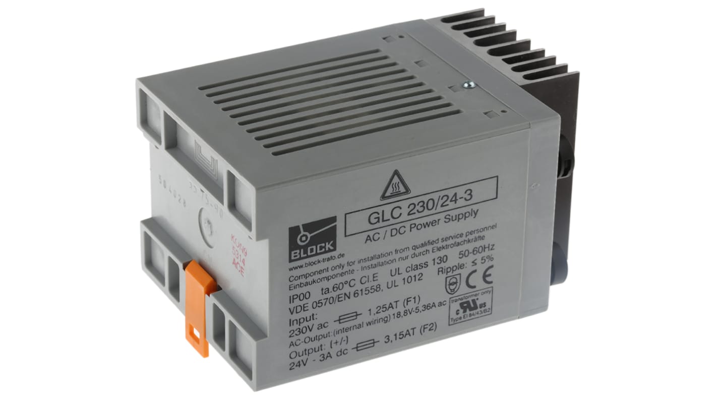 Block GLC Linear DIN-Schienen Netzteil 72W, 230V ac, 24V dc / 3A