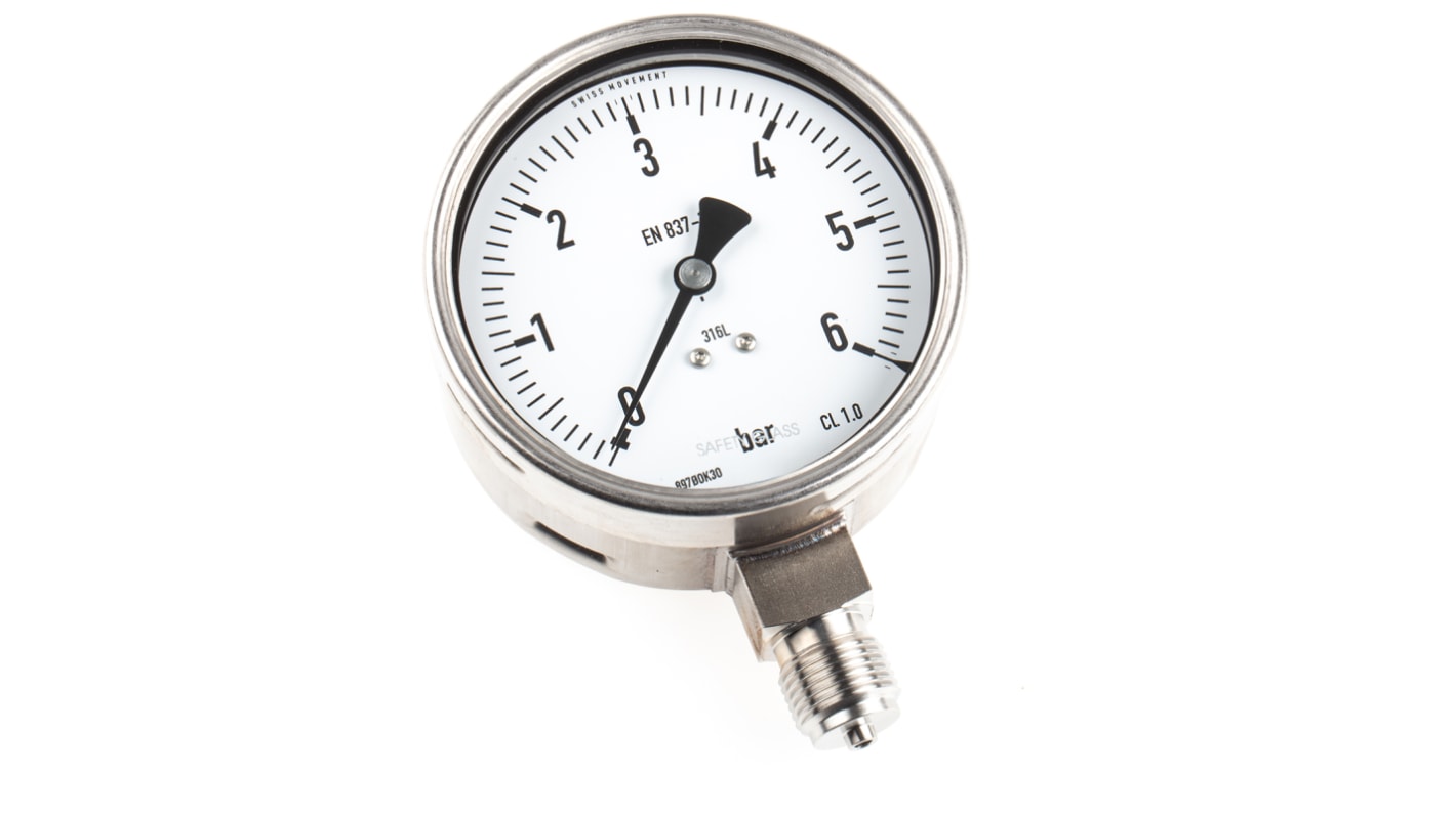 RS PRO Analogue Positive Pressure Gauge Bottom Entry 6bar, Connection Size G 1/2