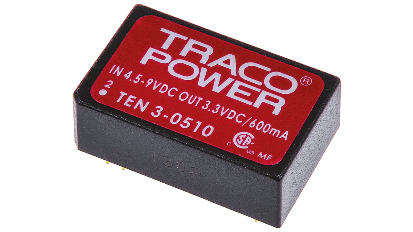 TRACOPOWER TEN 3 DC-DC Converter, 3.3V dc/ 600mA Output, 4.5 → 9 V dc Input, 3W, Through Hole, +85°C Max Temp