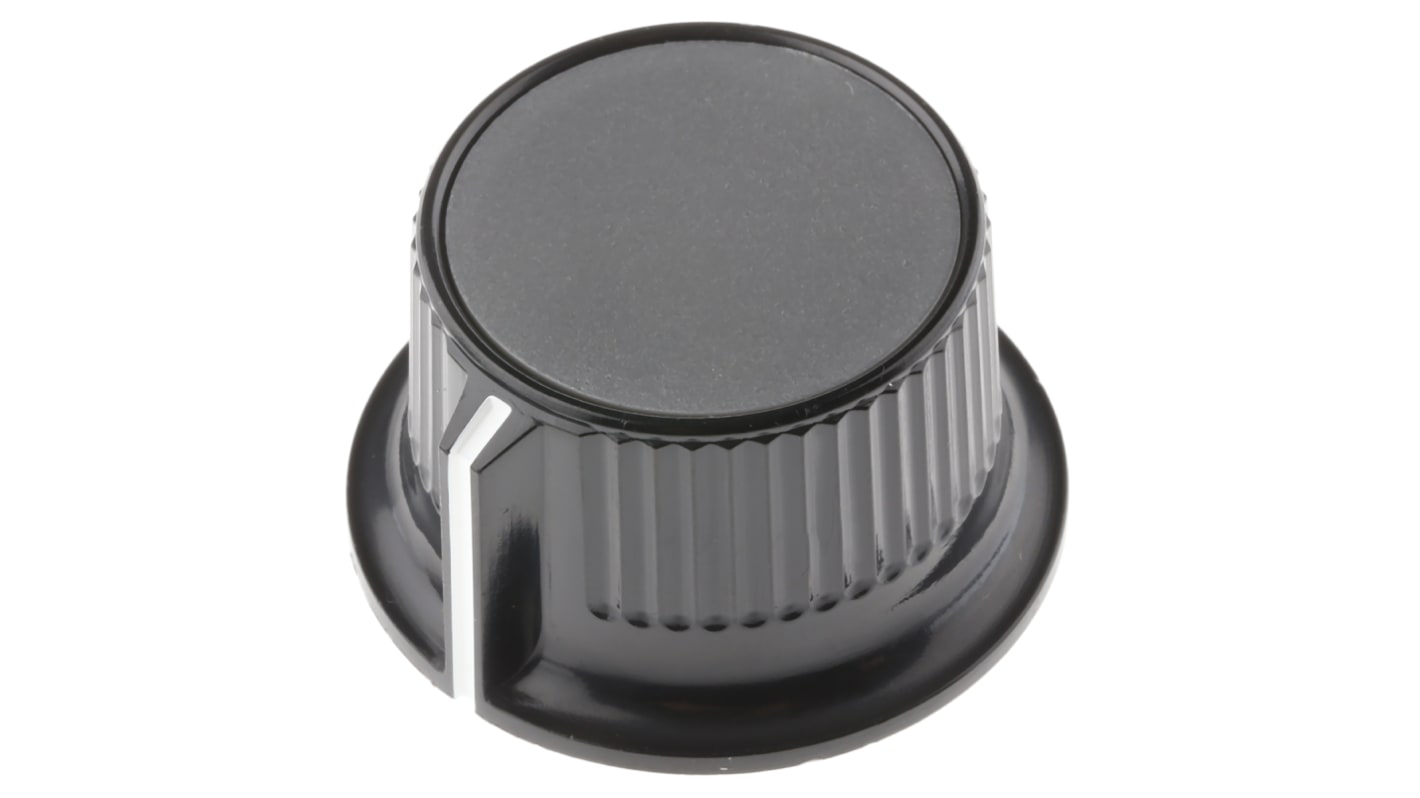 Mando de potenciómetro RS PRO, eje 6.4mm, diámetro 28mm, Color Negro, Gris, indicador Blanco Circular