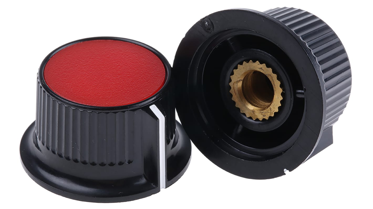 RS PRO 28mm Black, Red Potentiometer Knob for 6mm Shaft Splined