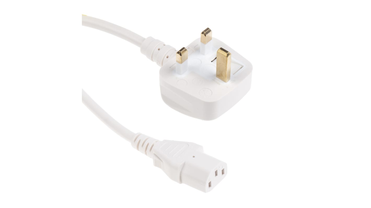 Cable de alimentación RS PRO Blanco de 3m, con. A IEC C13, hembra, con. B Conector macho para Reino Unido tipo G,