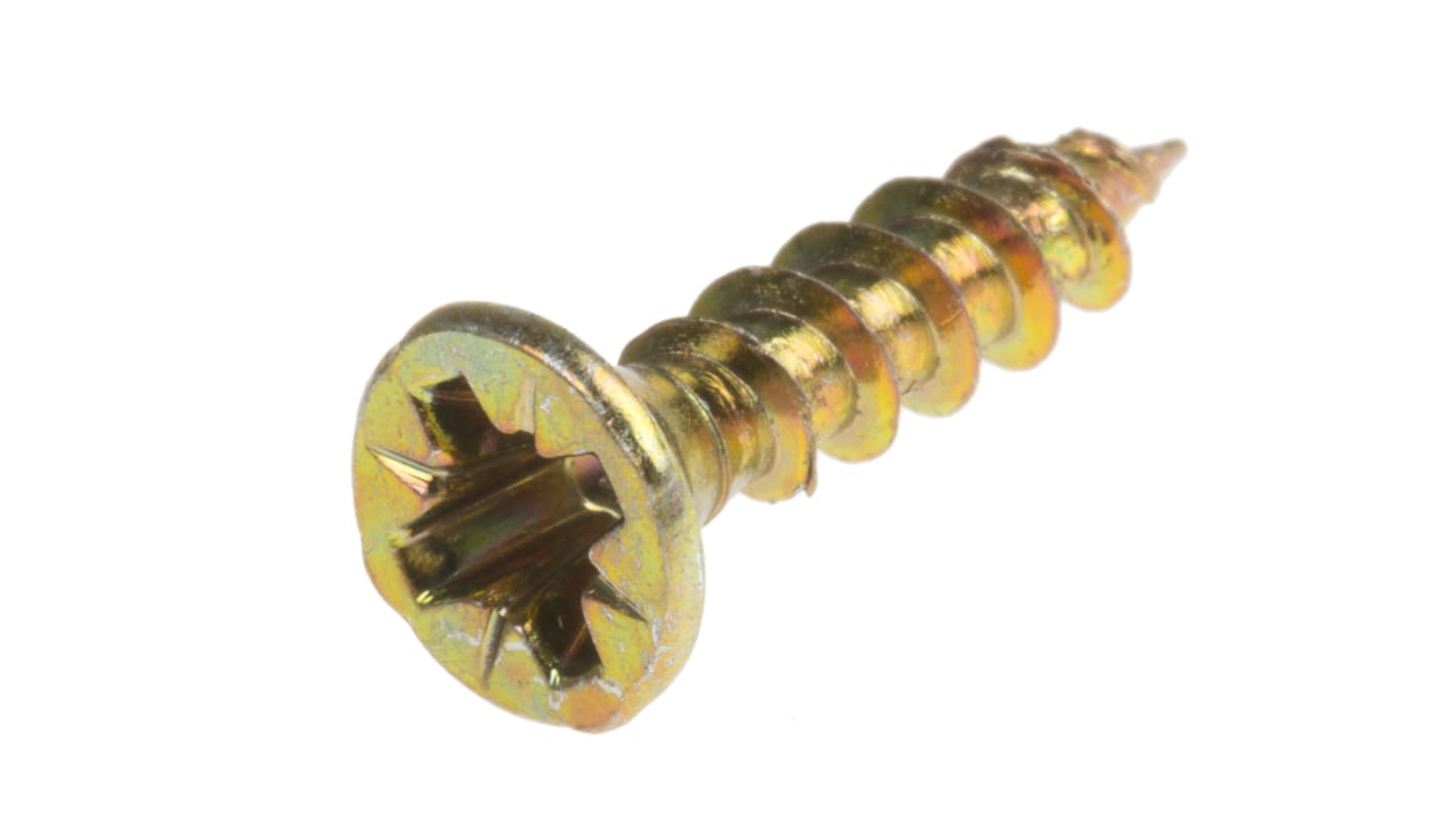 RS PRO Pozidriv Countersunk Steel Wood Screw Yellow Passivated, Zinc Plated, 3.5mm Thread, 16mm Length