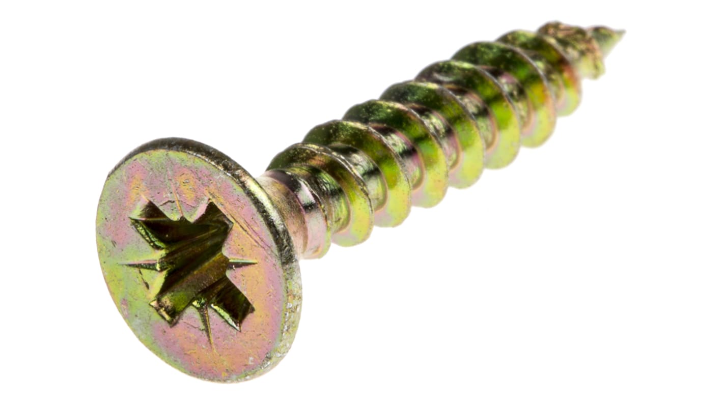 RS PRO Pozidriv Countersunk Steel Wood Screw, Yellow Passivated, Zinc Plated, 4.5mm Thread, 25mm Length