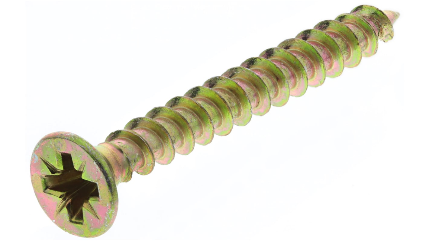 RS PRO Pozidriv Countersunk Steel Wood Screw, Yellow Passivated, Zinc Plated, 4.5mm Thread, 40mm Length