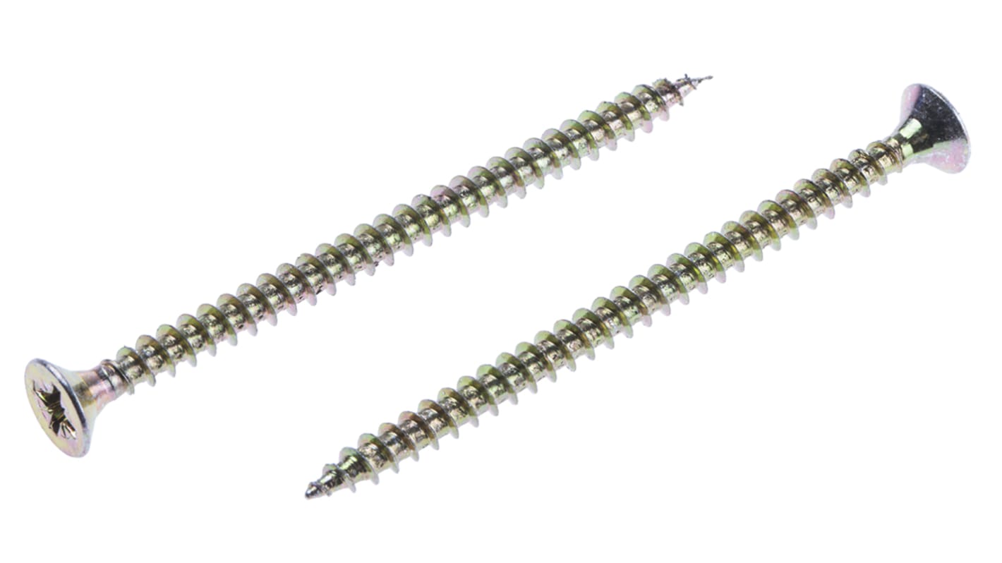 RS PRO Pozidriv Countersunk Steel Wood Screw, Yellow Passivated, Zinc Plated, 4.5mm Thread, 70mm Length