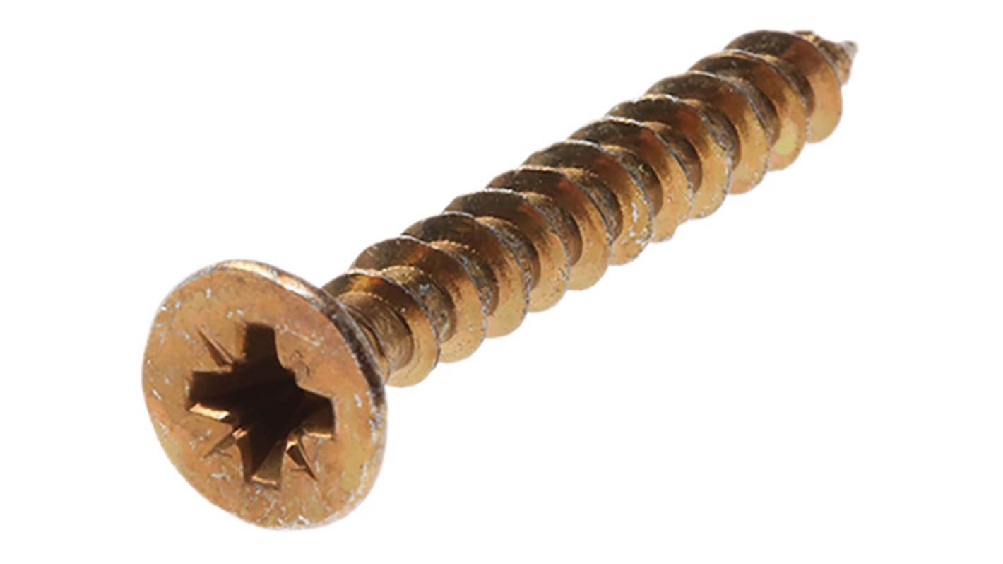 RS PRO Pozidriv Countersunk Steel Wood Screw Yellow Passivated, Zinc Plated, 5mm Thread, 40mm Length
