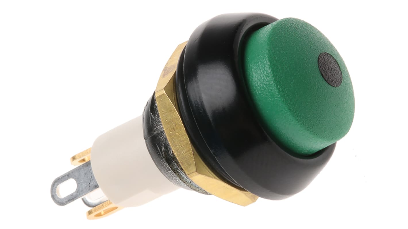 ITW Illuminated Miniature Push Button Switch, Momentary, Panel Mount, 13.65mm Cutout, SPST, Green LED, IP67