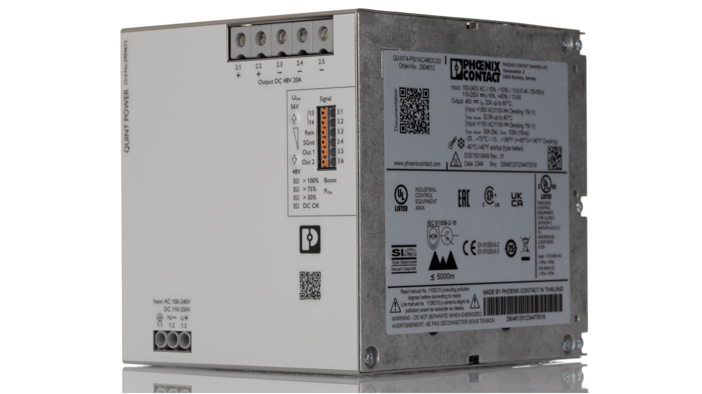 Phoenix Contact QUINT POWER Switched Mode DIN Rail Power Supply, 100 → 240V ac ac Input, 48V dc dc Output, 20A