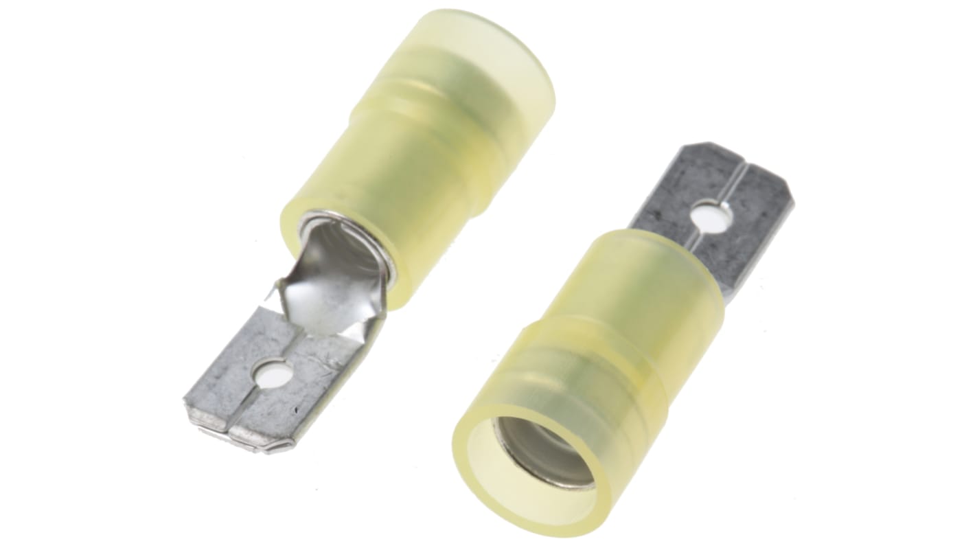 RS PRO Yellow Insulated Male Spade Connector, Tab, 0.8 x 6.35mm Tab