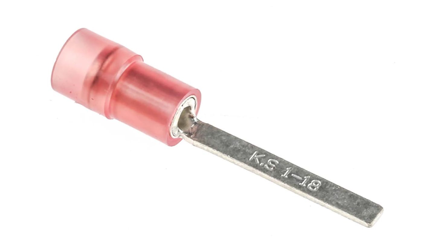 RS PRO Crimp flad stiftkabelsko Nej, Isoleret, stiftlængde: 18mm, Rød 16AWG 1.5mm² 22AWG 0.5mm² Uafskærmet