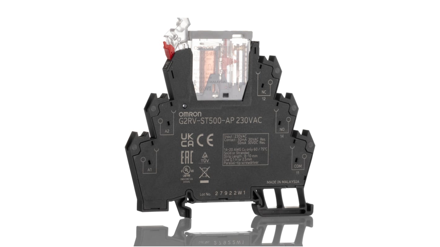 Relè di interfaccia elettromeccanici Omron serie G2RV-ST, bobina 230V ca, Guida DIN, contatti SPDT