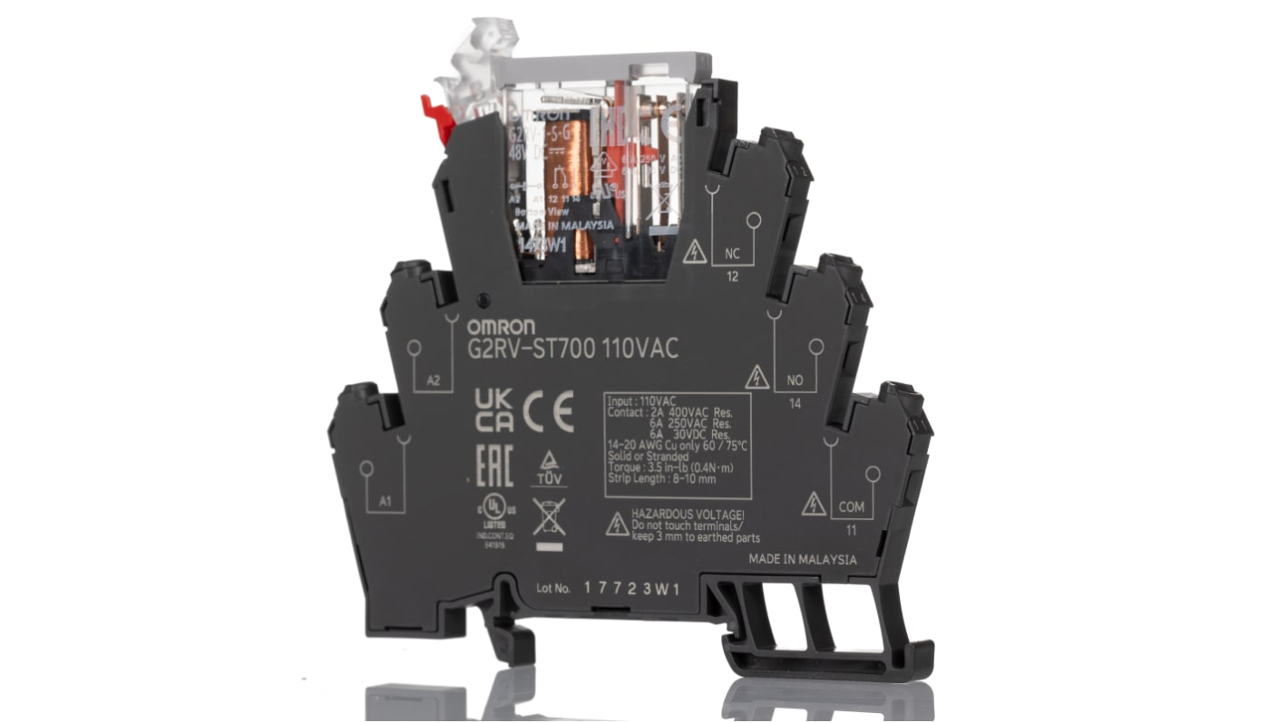 Omron G2RV-ST Series Electromechanical Interface Relay, DIN Rail Mount, 110V ac Coil, SPDT, 1-Pole, 6A Load