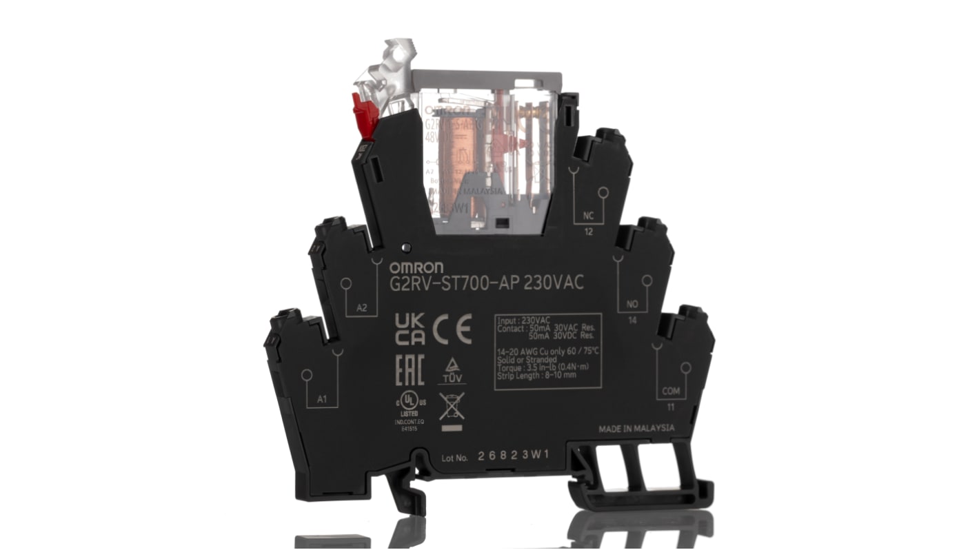 Relè di interfaccia elettromeccanici Omron serie G2RV-ST, bobina 230V ca, Guida DIN, contatti SPDT