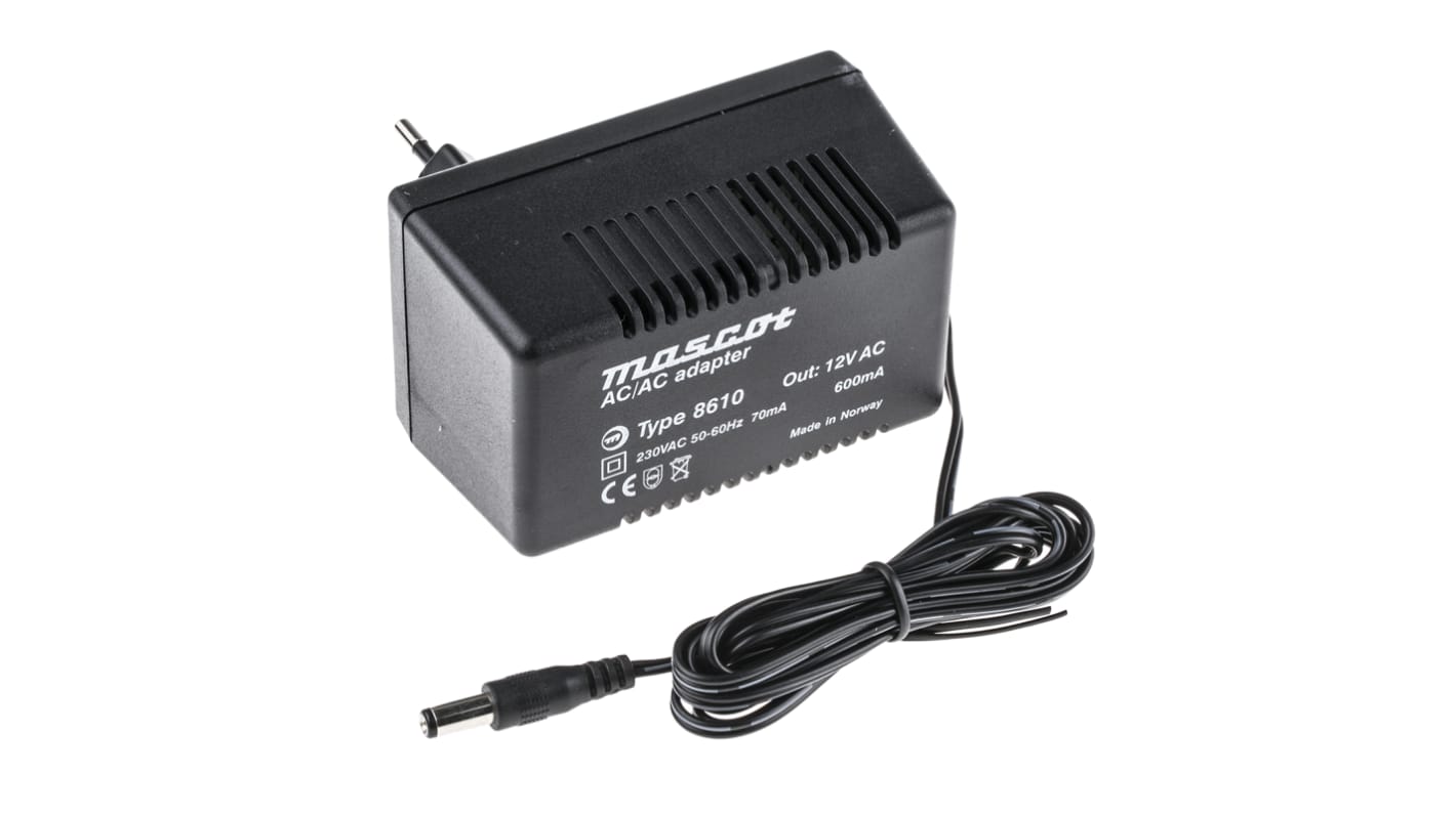 Mascot 10.5W Plug-In AC/DC Adapter 12V ac Output, 600mA Output