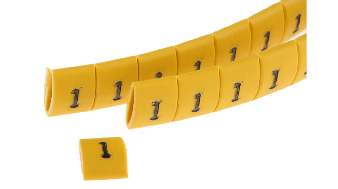 HellermannTyton Ovalgrip Slide On Cable Markers, Black on Yellow, Pre-printed "1", 1.7 → 3.6mm Cable