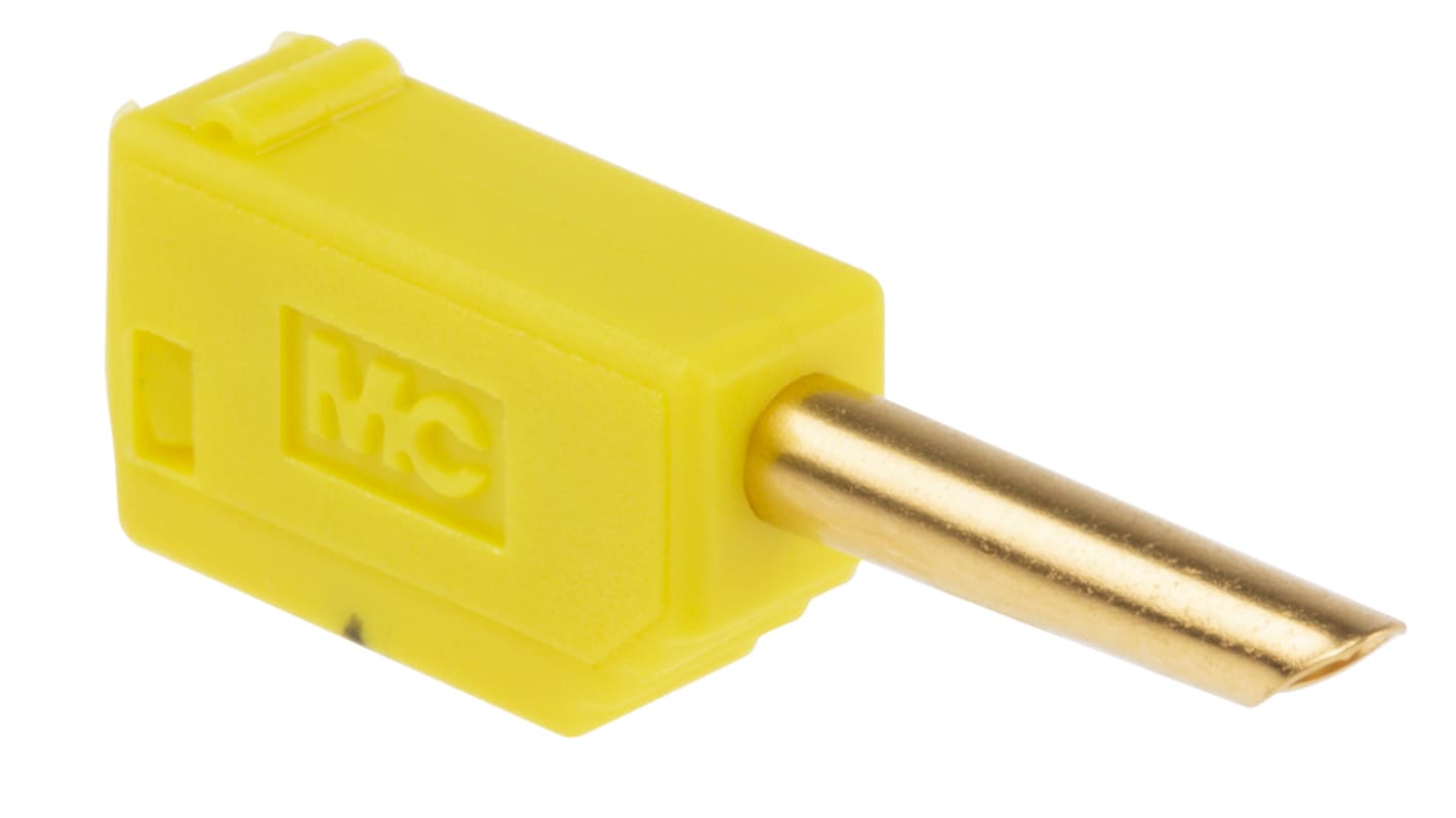 Staubli Yellow Male Test Plug, 2mm Connector, Solder Termination, 10A, 30 V, 60V dc, Gold, Nickel Plating