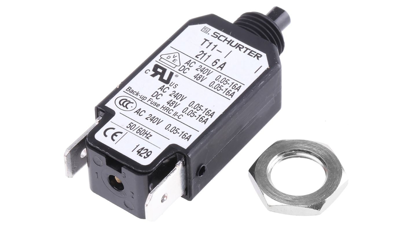 4400.005 Schurter Thermal Circuit Breaker T11 Single Pole 240V ac Voltage Rating, 6A Current