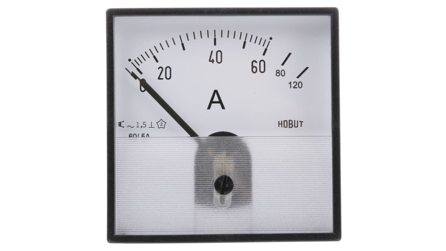 Amperometro analogico da pannello Hobut, max 0/60/120A For 60/5A CT, c.a., foro L 72mm x H 72mm, Classe 1.5