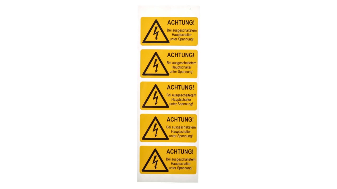 Idento Yellow PVC Safety Labels, ACHTUNG! Bei ausgeschaltetem Hauptschalter unter Spannung-Text