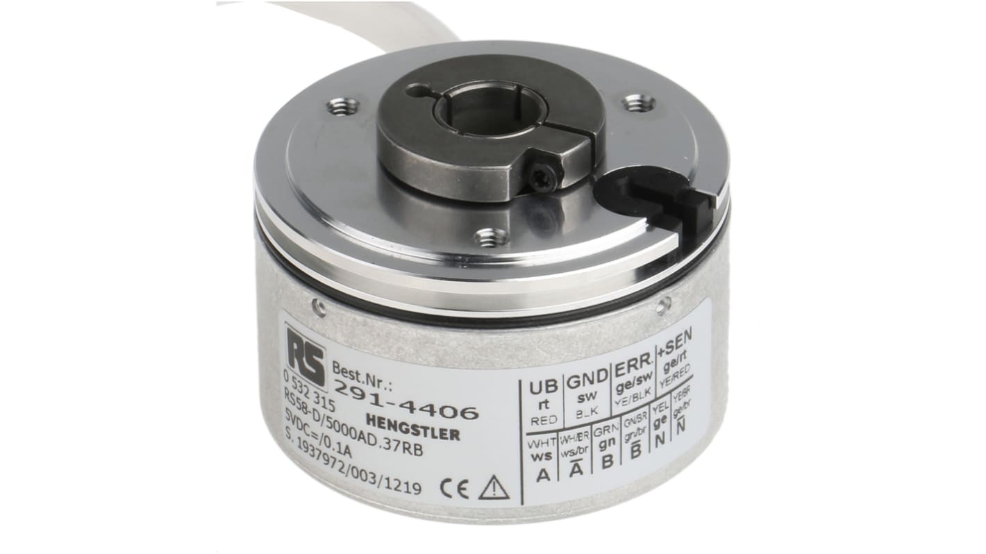 Encoder incremental Hengstler serie RI58-D, 5000 impulsos/rev, 6000rpm máx., interfaz RS422, salida RS422, 5 Vdc, IP64,