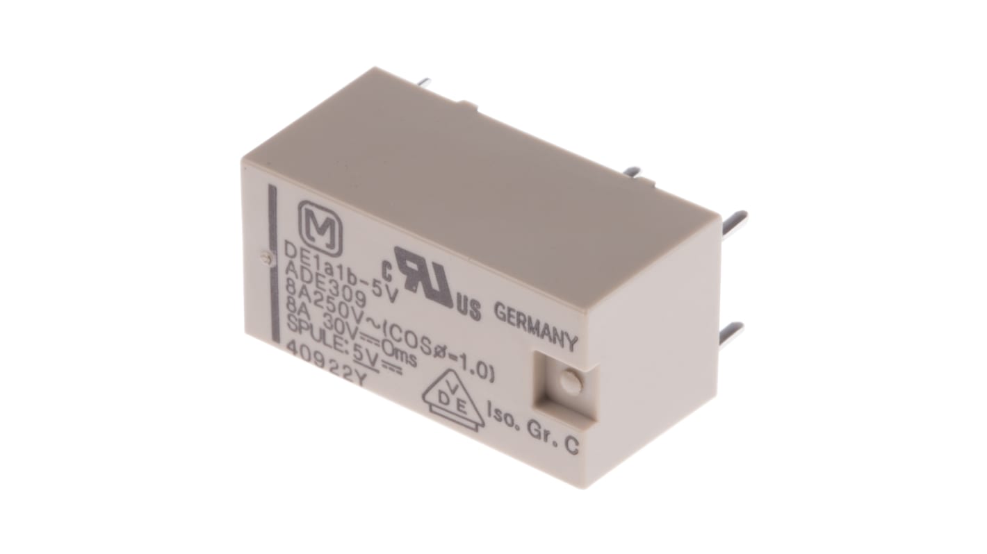 DE1A1B5 Panasonic PCB Mount Power Relay, 5V dc Coil, DPST RS