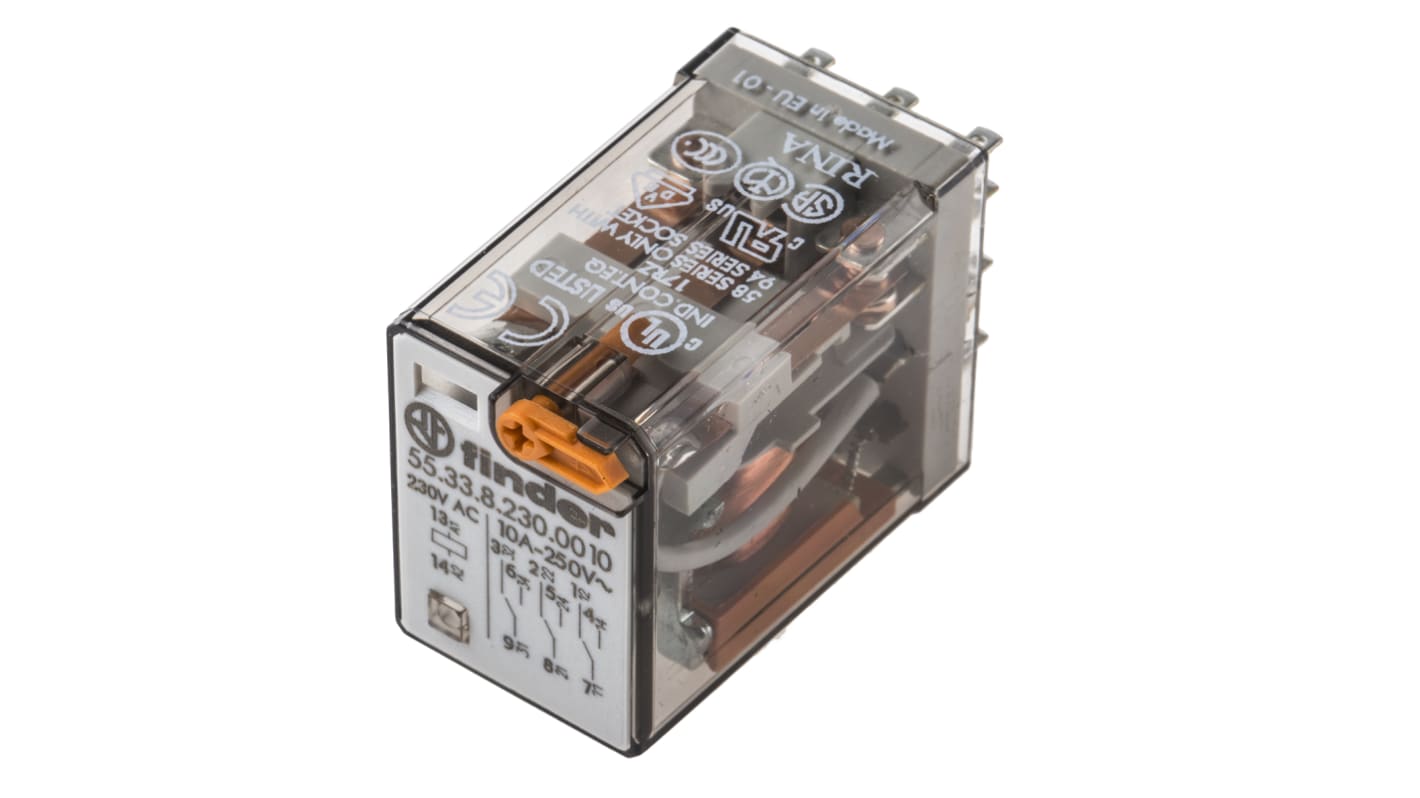 Finder Plug In Power Relay, 230V ac Coil, 10A Switching Current, 3PDT