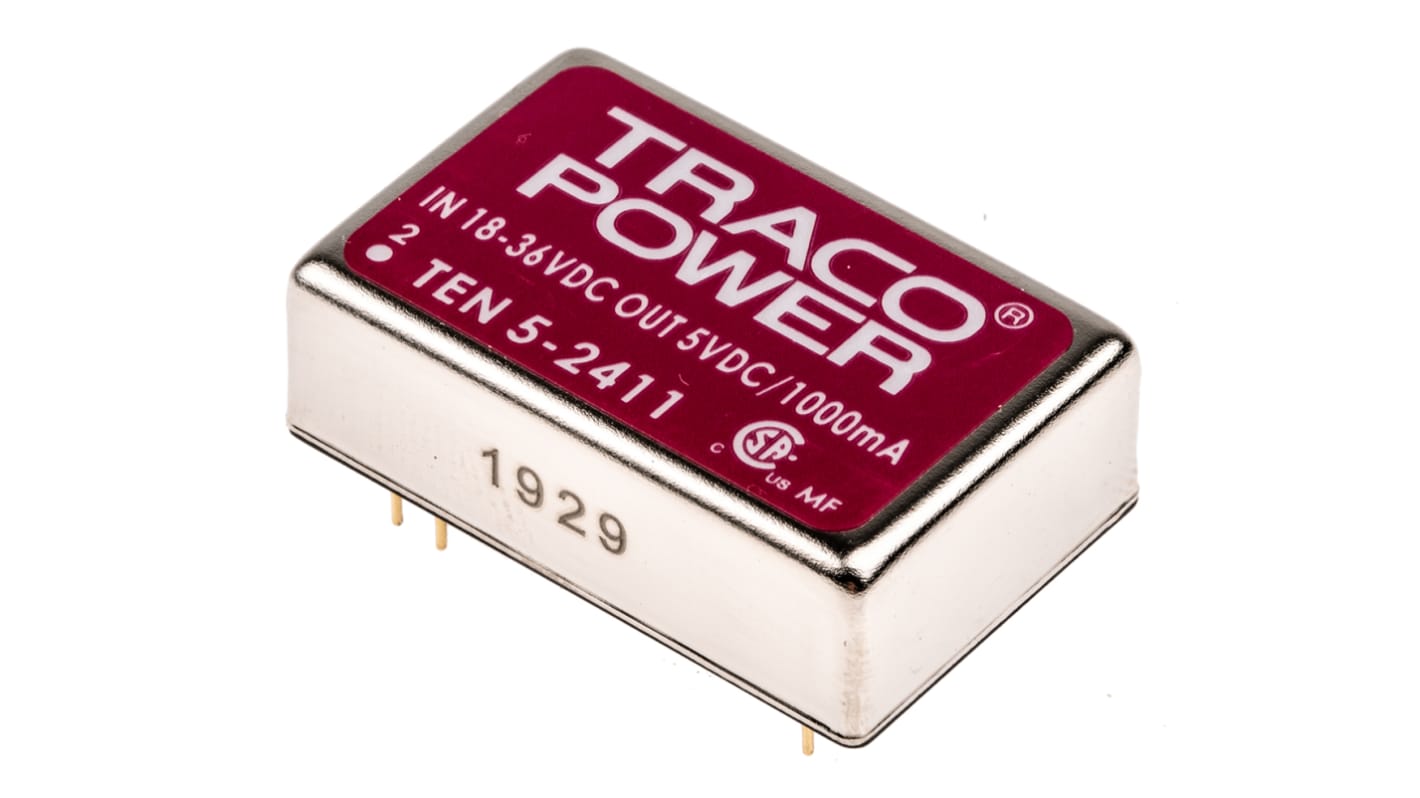 TRACOPOWER TEN 5 DC-DC Converter, 5V dc/ 1A Output, 18 → 36 V dc Input, 5W, PCB Mount, +85°C Max Temp -40°C Min