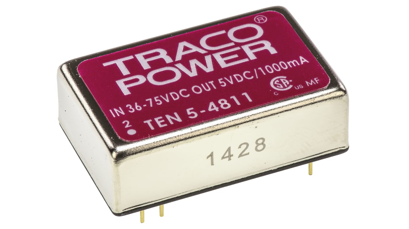 TRACOPOWER TEN 5 DC-DC Converter, 5V dc/ 1A Output, 36 → 72 V dc Input, 6W, Through Hole, +85°C Max Temp -40°C