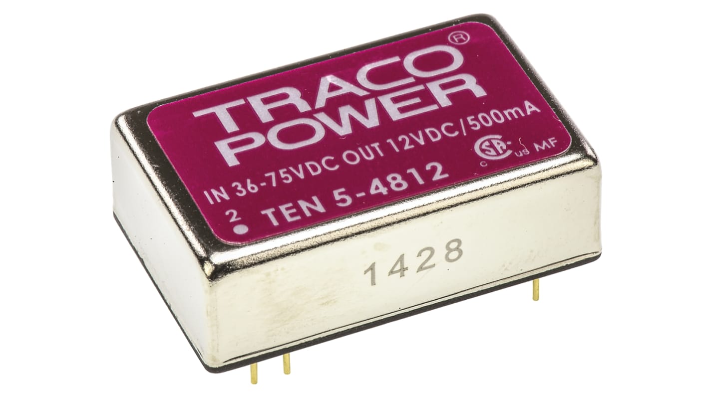 TRACOPOWER TEN 5 DC-DC Converter, 12V dc/ 500mA Output, 36 → 72 V dc Input, 6W, Through Hole, +85°C Max Temp