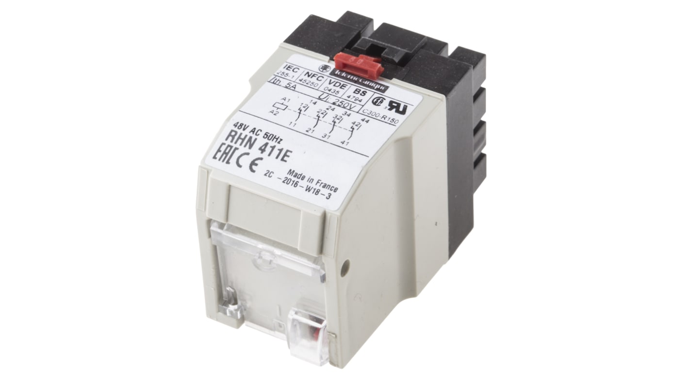 Relé sin enclavamiento Schneider Electric, 4PDT, bobina 48V ac, 5A