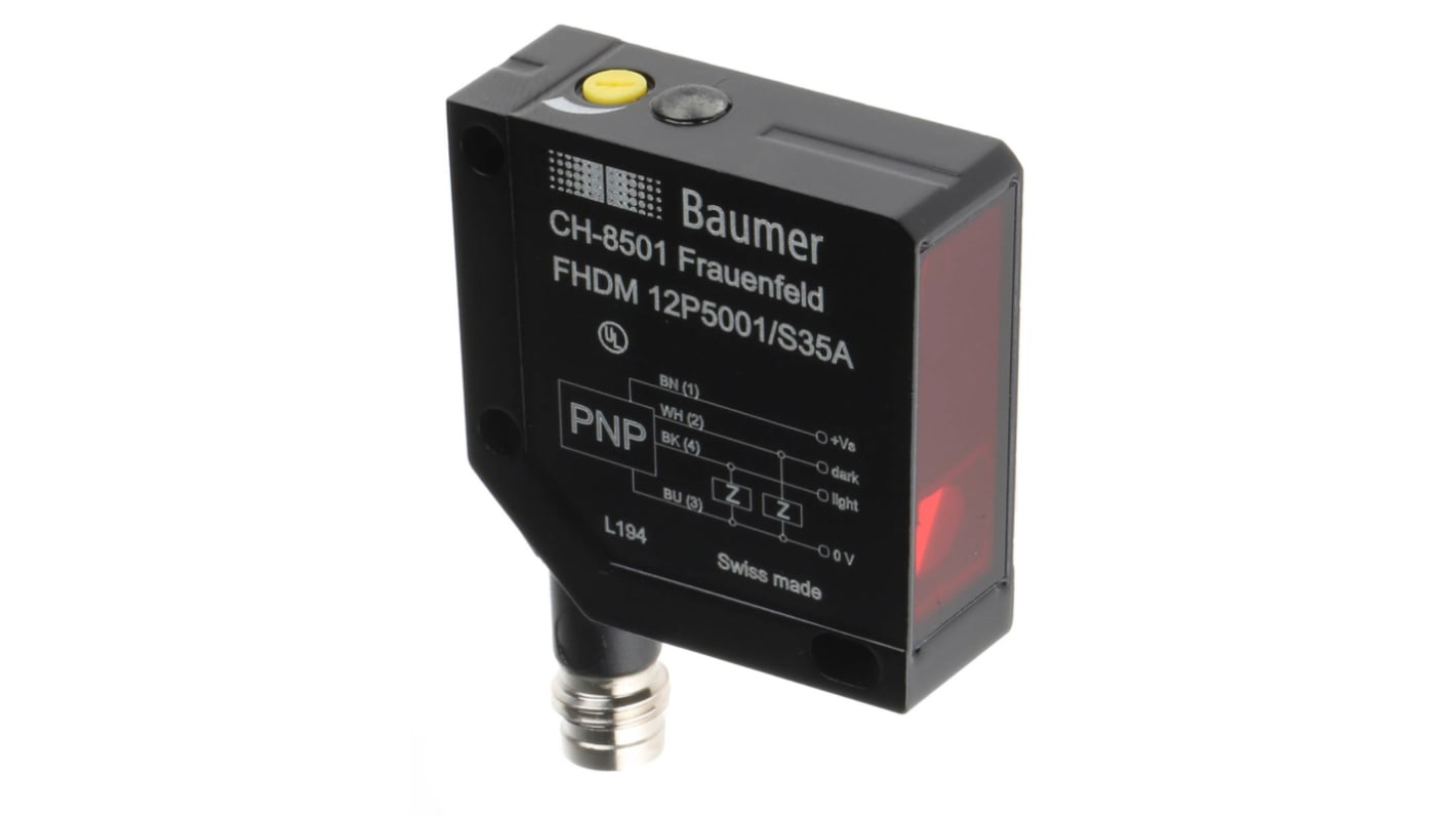 Baumer FHDM 12P Kubisch Optischer Sensor, Diffuse, Bereich 15 mm → 300 mm, PNP Ausgang, 4-poliger