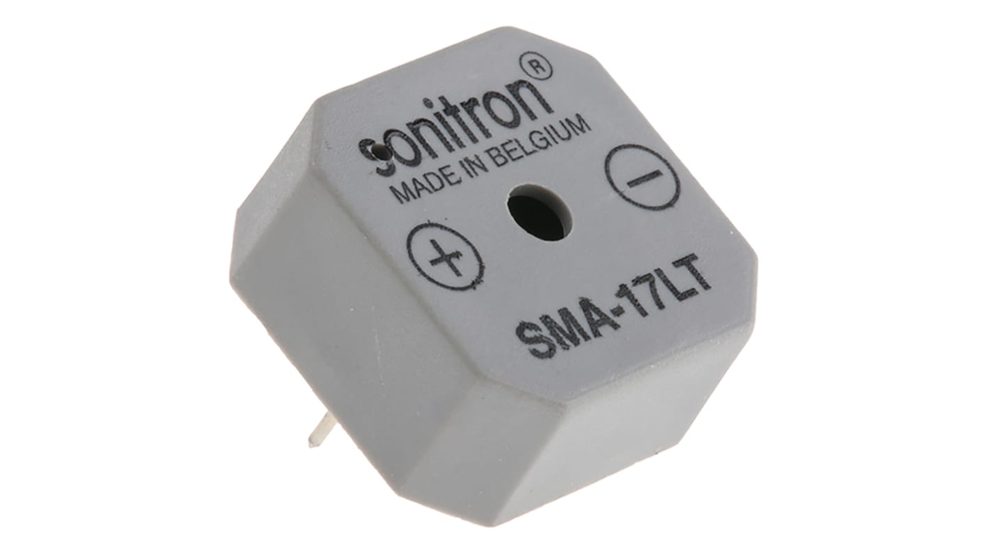 Sonitron 86dB Through Hole Continuous Internal Buzzer, 17.5 x 17.5 x 8mm, 1.5V dc Min, 15V dc Max