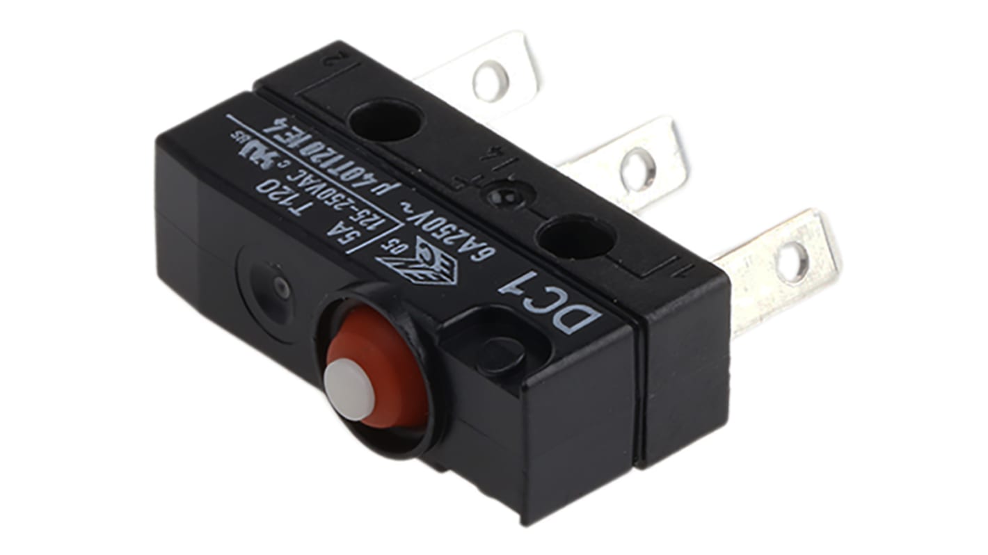ZF Mikroschalter Knopf-Betätiger Flachstecker, 6 A @ 250 V ac, SPDT IP 6K7 1,96 N -40°C - +120°C