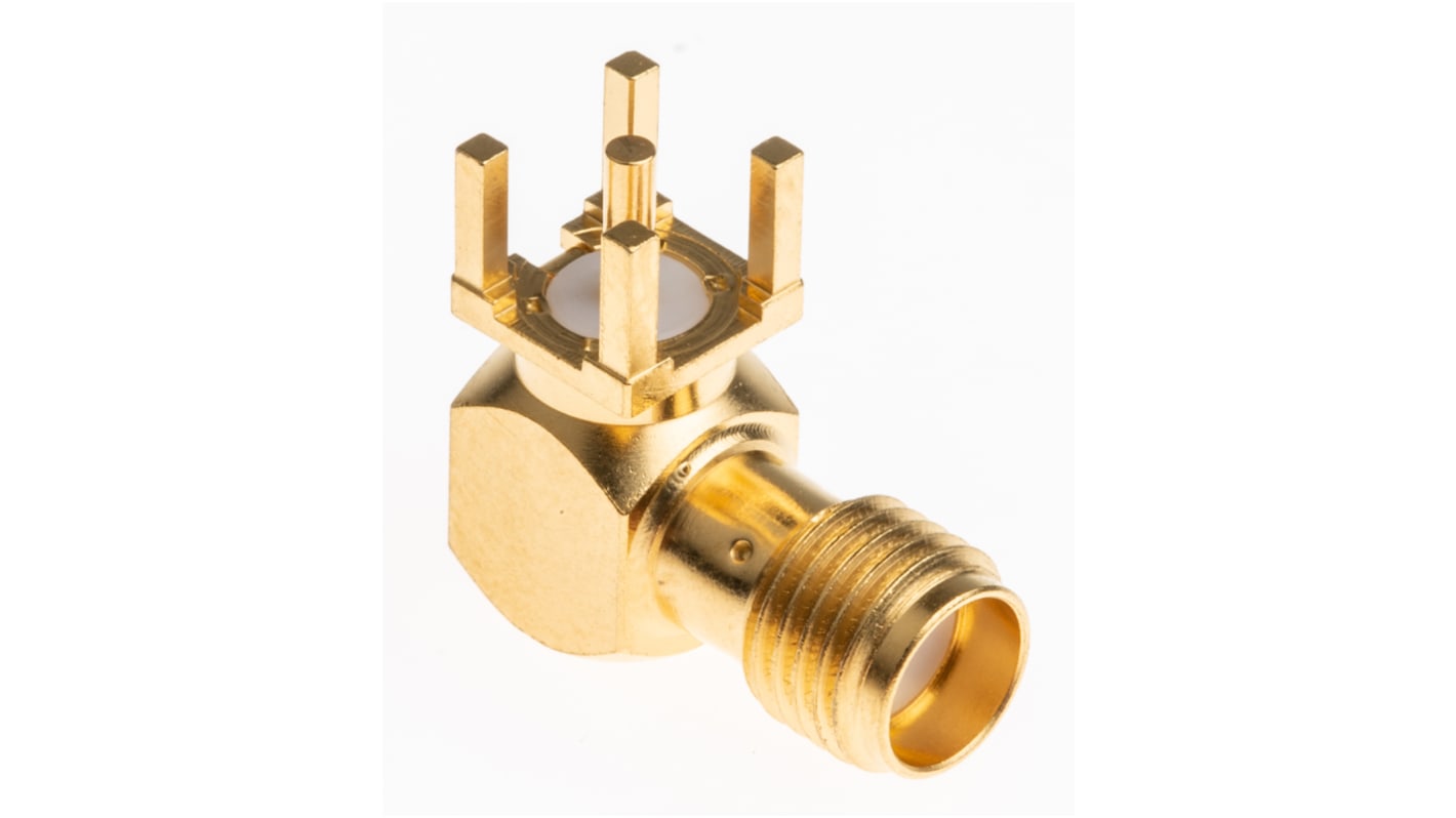 Radiall Buchse Koaxialsteckverbinder SMA-Steckverbinder, PCB, Löt-Anschluss, 50Ω, Standard, , gewinkelt