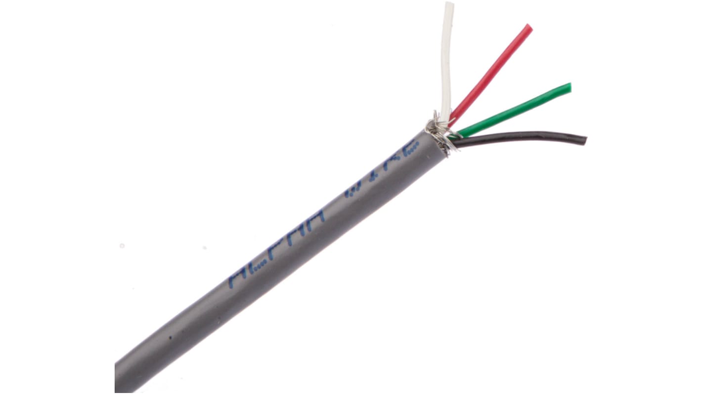 Alpha Wire Control Cable, 4-leder, 0,09 mm², Skærmet, Grå, UD: 3.4mm 305m, Alpha Essentials Communication & Control, CE