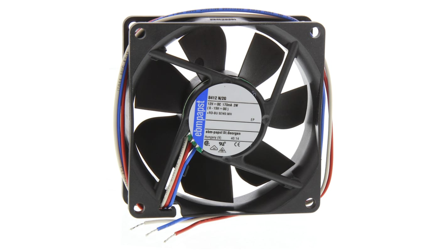 ebm-papst 8400 N Series Axial Fan, 12 V dc, DC Operation, 69m³/h, 2W, 167mA Max, 80 x 80 x 25mm