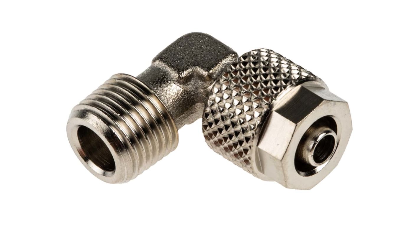 RS PRO 1100 Series Elbow Threaded Adaptor, R 1/8 Male to Push In 6 mm, Threaded-to-Tube Connection Style