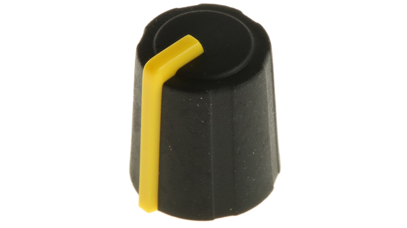 Mando de potenciómetro Sifam 10mm, eje 6mm, diámetro 11.5mm, Color Negro, indicador Amarillo Ranurado