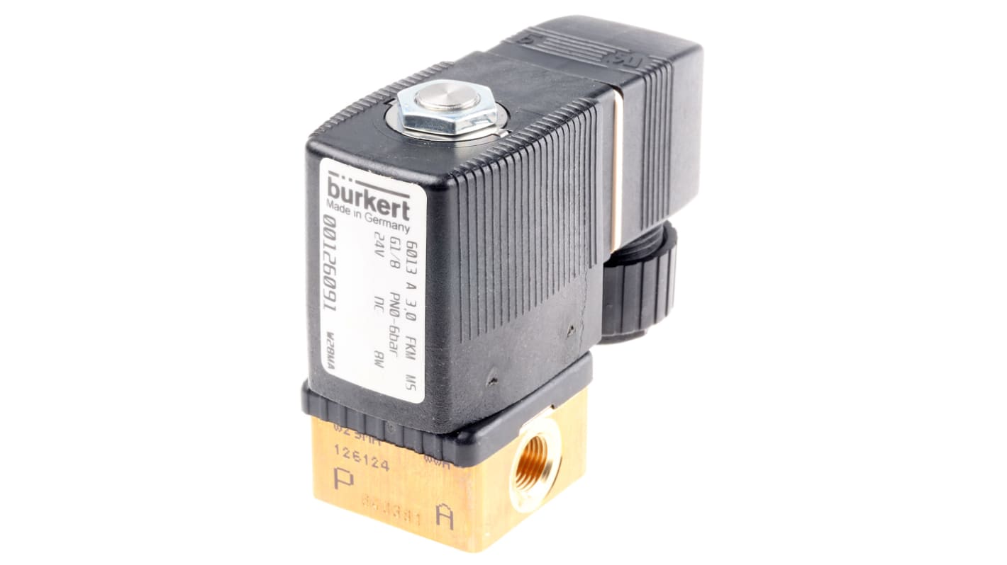 Válvula de solenoide Burkert 6013 de 2 puertos, Hembra G de 1/8 pulg., Directo, NC de 24 Vdc