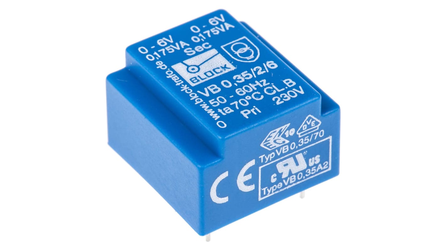 Block Printtrafo, Trafo 230V ac / 6V ac 0.35VA 2 Ausg. 22mm x 15mm x 22.7mm 24g Durchsteckmontage