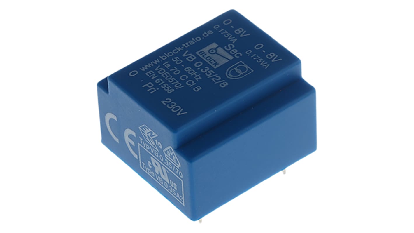 Transformateur pour circuit imprimé Block, 8V c.a., 230V c.a., 0.35VA, 2 sorties