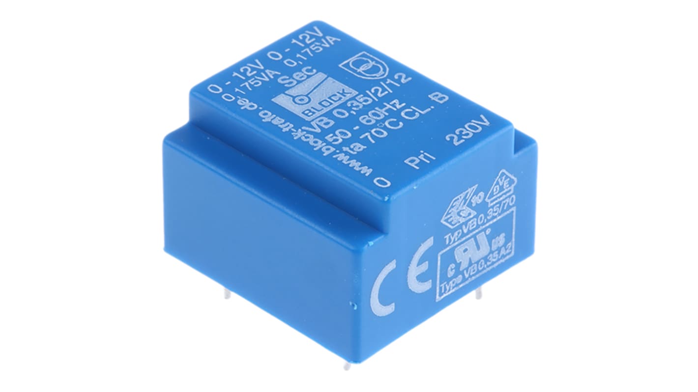 Trasformatore per PCB Block, 0.35VA, primario 230V ca, secondario 12V ca, 2 uscite